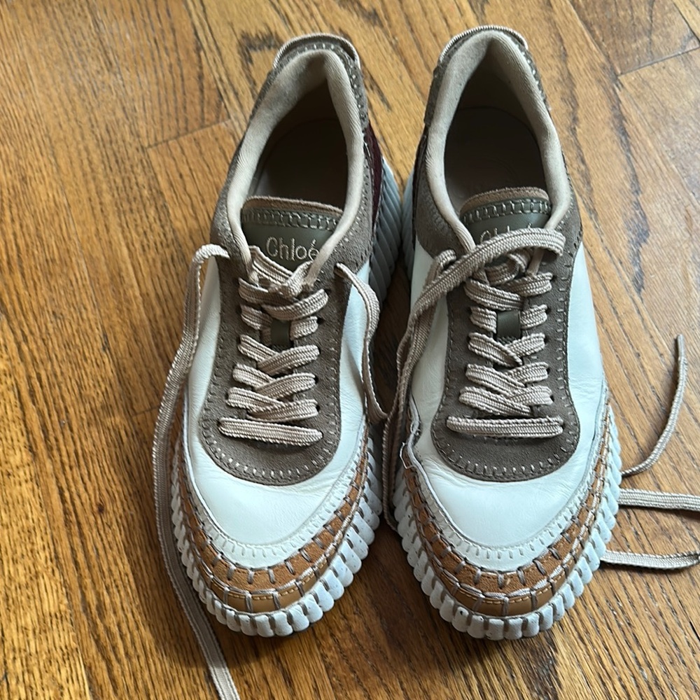 Chloé Cream and Brown Woven Sneakers